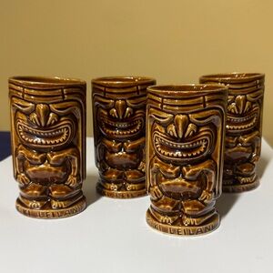 Tiki Leilani Brown Mugs ceramic 5 1/8” tall set of 4 Made in USA
